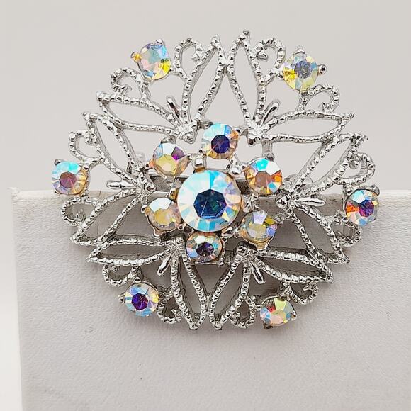 Vintage Snowflake Silver Tone Aurora Borealis Rhinestones 1 3/4 Inch Brooch - Picture 6 of 10